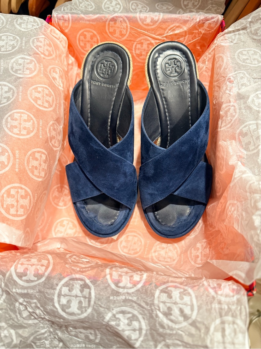 Tory Burch Bailey 110MM Wedge Mule Kid Suede (Navy) Size 5